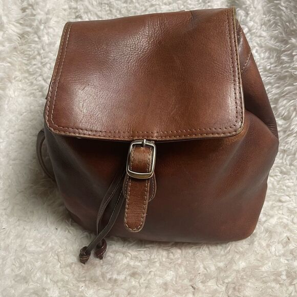 Piel Leather faded Brown Top Flap Drawstring medium Backpack brass hardwares - Picture 1 of 14